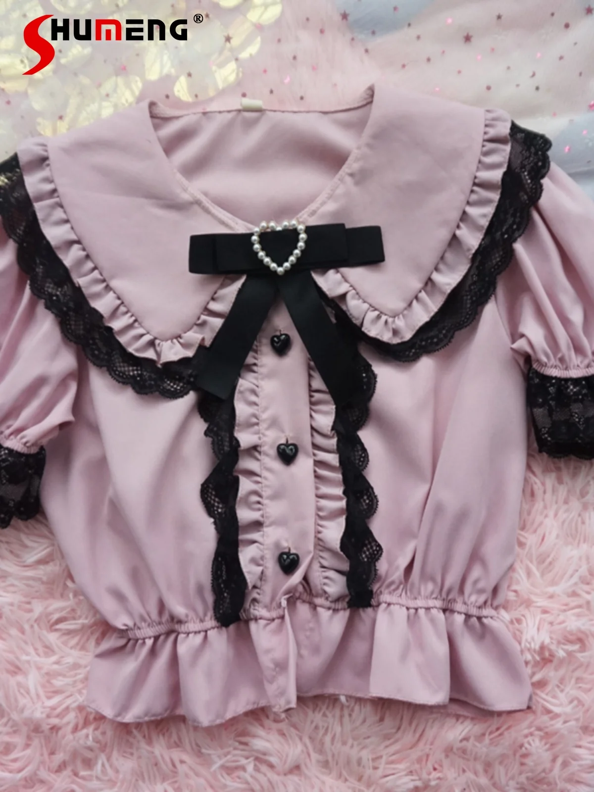 

Japanese Mine Style Lace Splicing Doll Collar Heart Bow Short Sleeve Single Breasted Sweet Cute Versatile Lolita Shirt Top Women