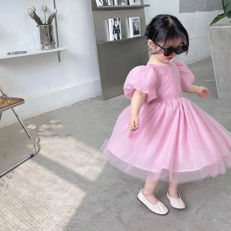 Girls Princess Dress New Korean Version Clothing Summer New Children\'S Temperament Black Dress Backless Puff Sleeves Swing Dress