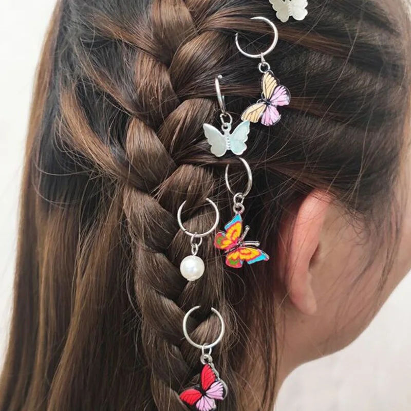 6pcs/Set Butterfly Star Pendant Hair Clip For Women Braid Metal Hair Rings Western Style Hair Accessories Girls DIY Headdress