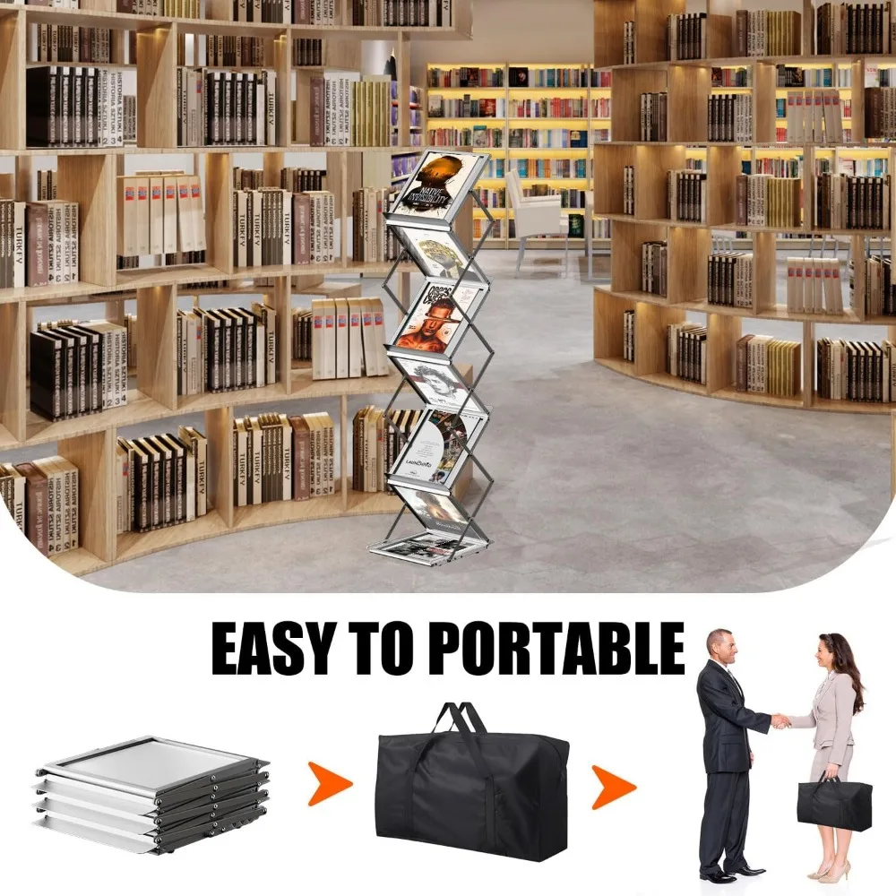 Folding Magazine Rack with 6 Pockets, Floor-Standing Exhibition Display Stand, Perfect for showcasing brochures, Magazines Racks