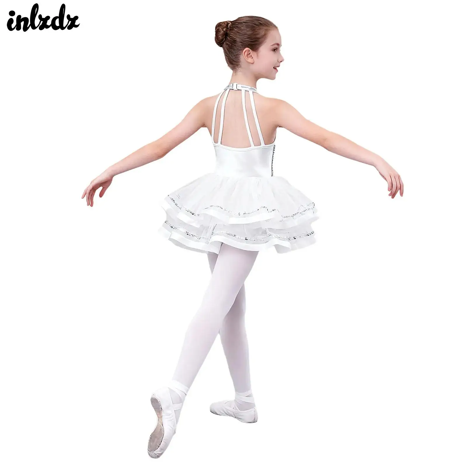 Kids Girls Shiny Sequins Ballet Unitards Jazz Dance Performance Costume Sparkling Sequins Straps Tutu Mesh Dance Skating Dress