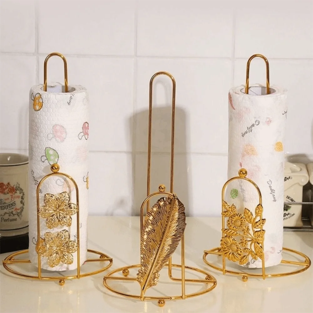 Iron Tree Paper Towel Holder Gold One-handed Tear Vertical Paper Shelf Free Standing Decorative Roll Paper Towel Holder