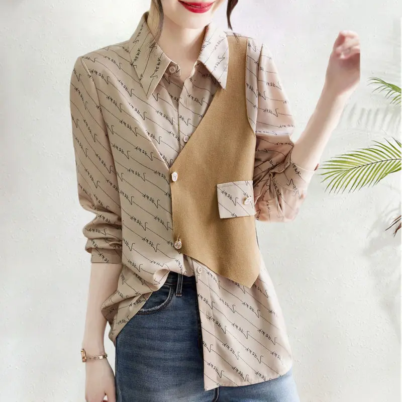 Commute Stylish Patchwork Asymmetrical Blouse Women\'s Clothing Casual Letter Printed 2023 Spring Autumn Korean Long Sleeve Shirt