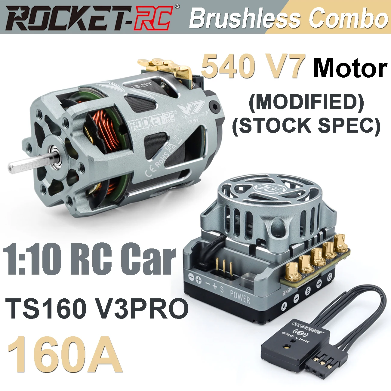 Surpass Hobby ROCKET-RC TS160 V3PRO 160A ESC w/ 540 V7 13.5T 17.5T Brushless Motor Combo for 1/10 WLtoys RC Buggy Racing Cars