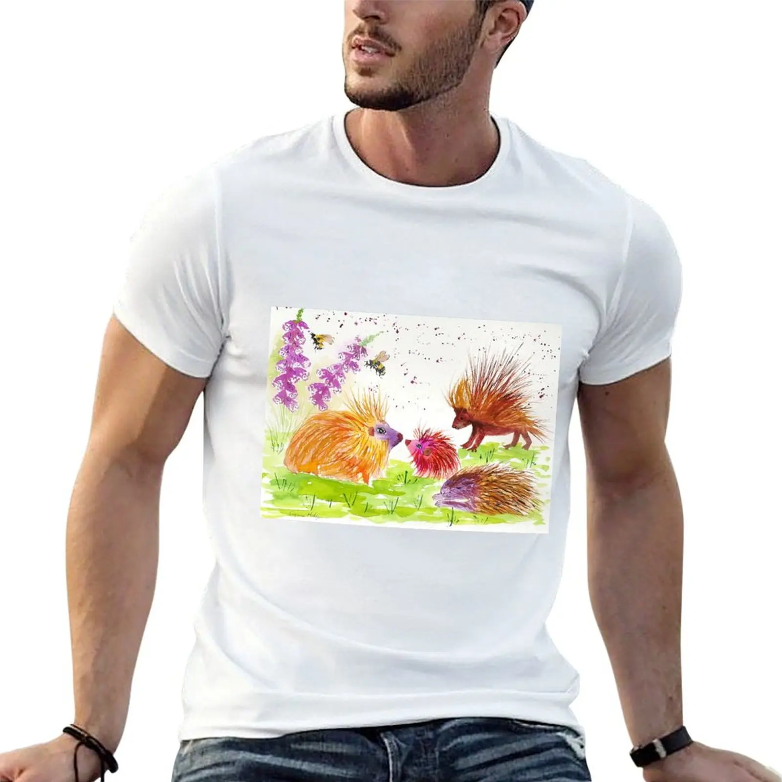 Colorful Porcupines among flowers T-Shirt Plus Size Summer Casual T-Shirt