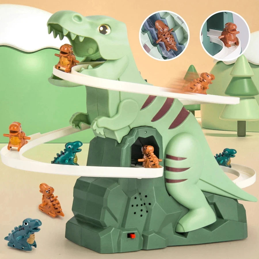 Dinosaur Climbing Slide Music Toy with 3 Dinosaurs Electric Slide Toy Car Puzzle Fun Educational Toy Christmas Gift for Boys
