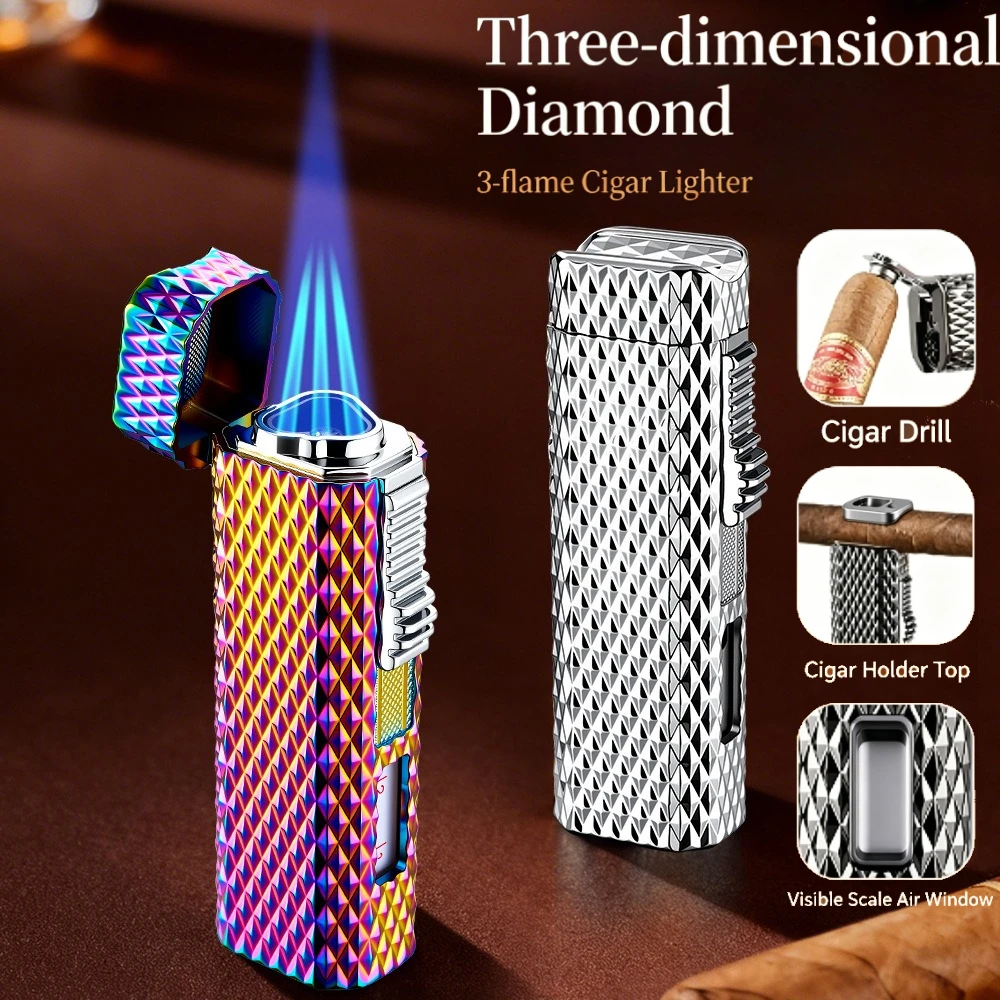 

Triple Jet Flame Lighter, Refillable Windproof Lighter with Built-in Punch, Rest & Visible Gas Gauge, Diamond Pattern Metal Body