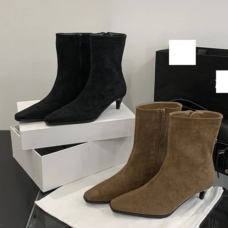 Aneikeh Fashion Thin Low Heel Designer Pointed Toe Ankle Boots Women Modern Vintage Autumn Winter Zipper Shoes