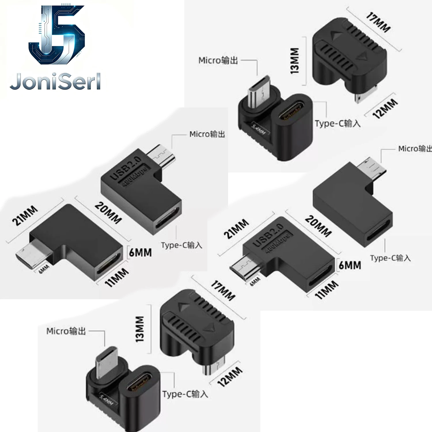 JoniSerl 90/360 Degree Angled Type USB-C USB2.0 Type C Female to Micro USB Male Power Data Adapter