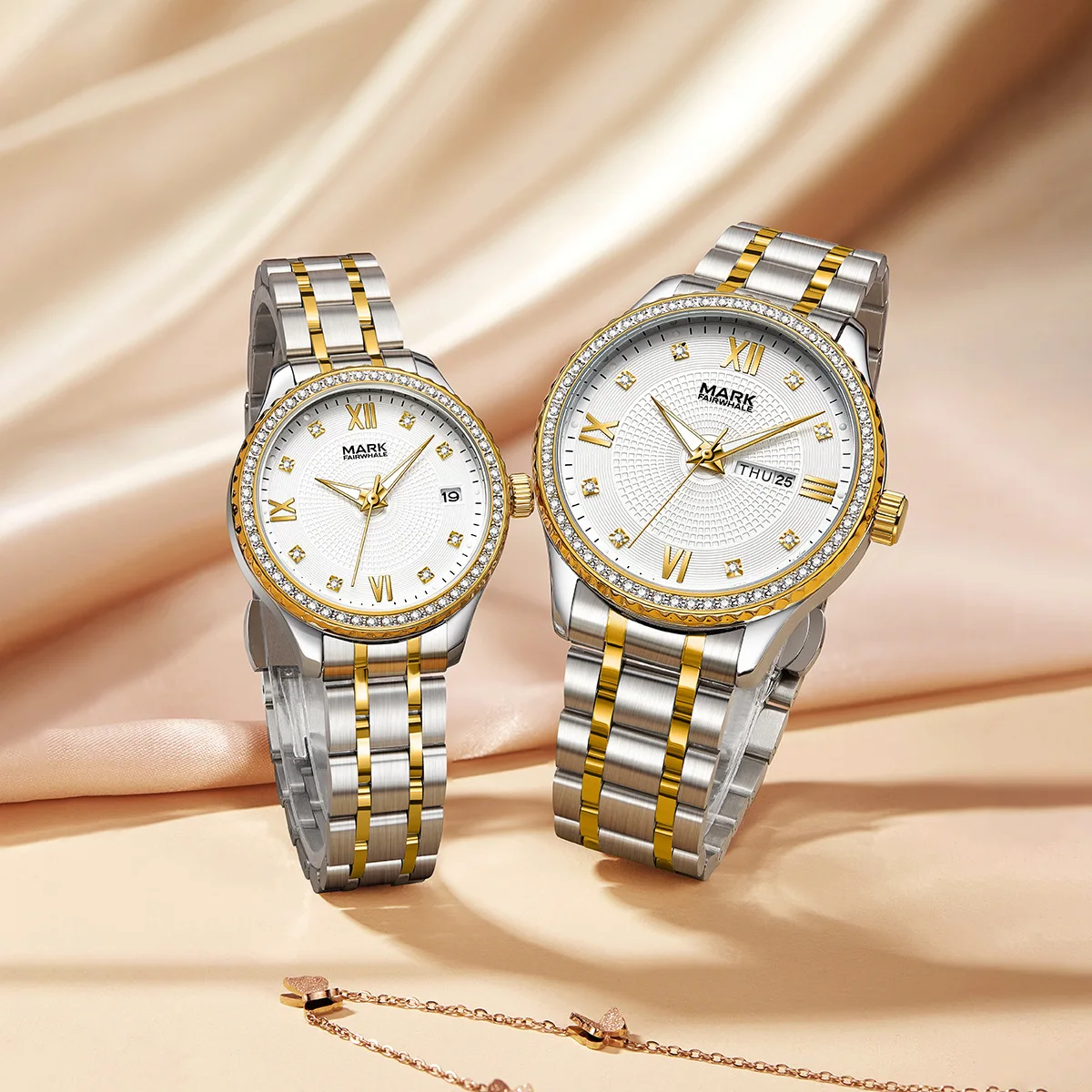 مارك Fairwhale 5850 ساعة كوارتز رجالية فاخرة مقاوم للماء زوجين طبعة مزدوجة التقويم الماس مجموعة تصميم زوجين ساعة Reloj