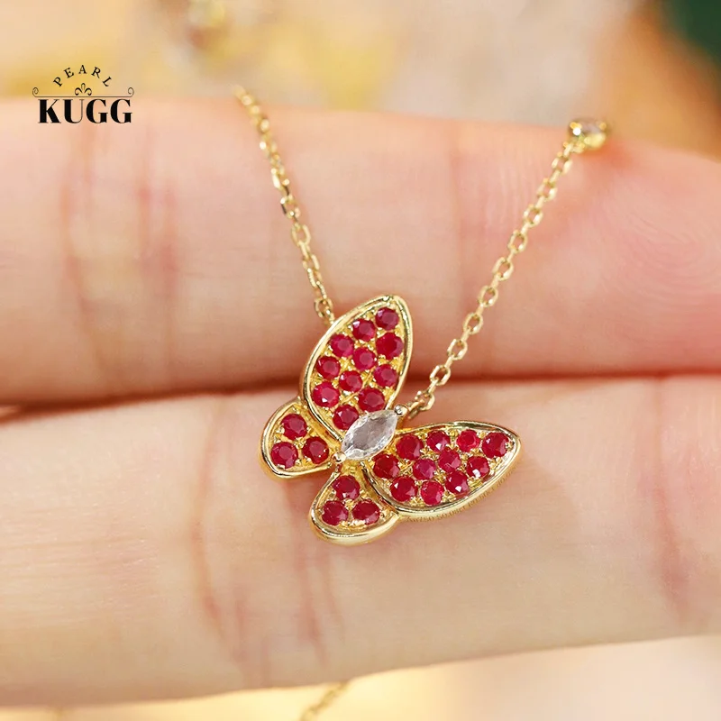 KUGG 100% 18K Yellow Gold Necklace Elegant Butterfly Shape Shiny Diamond Natural Ruby Necklace for Women High Engagement Jewelry