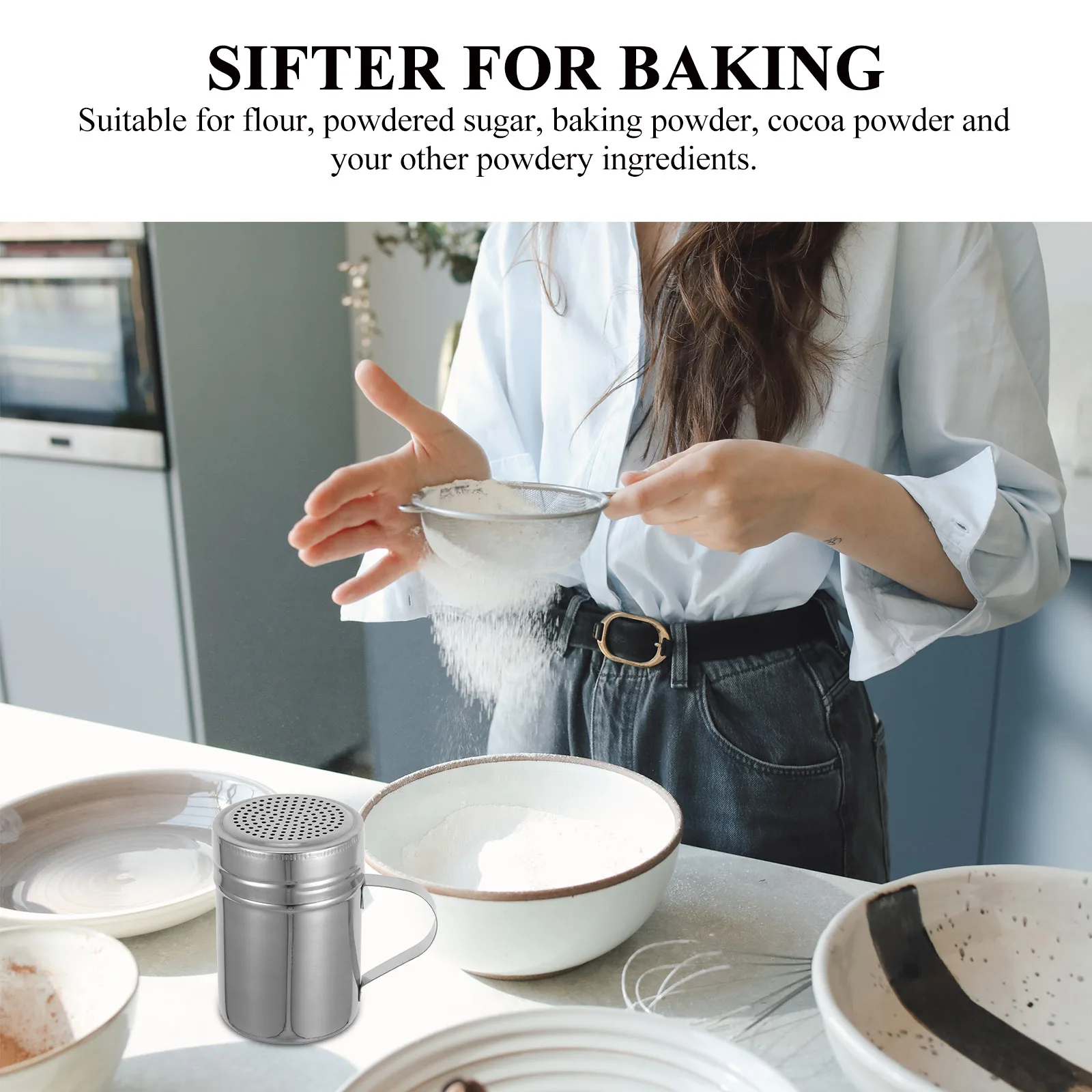 

Stainless Steel Powder Can Sugar Duster Shaker Ergonomic Handle Dusting Tool Flour Sifter Coffee Pepper Tin Kitchen