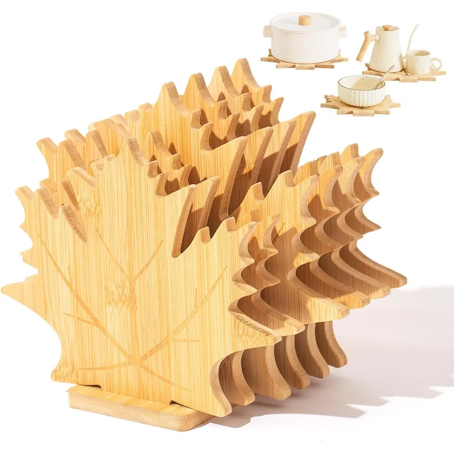 

Бамбуковые подставки для горячей посуды, кастрюли, сковороды, 6 больших термостойких подставок для кастрюль, набор подставок с дизайном кленового листа, нескользящие для кухни