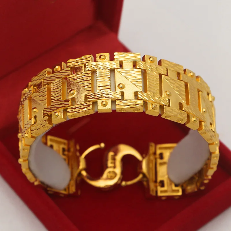 

9999 24-каратное настоящее золото 25 мм браслет мужские властные модные часы-цепочка ювелирные изделия для рук