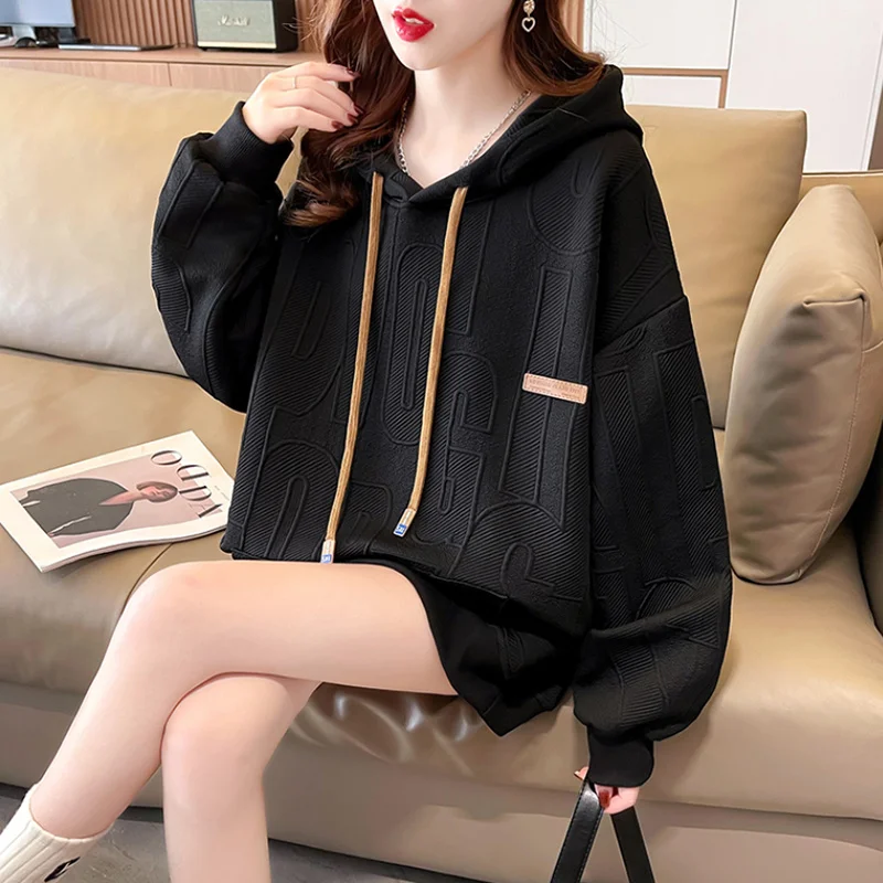 Dames Koreaanse losse casual dunne hoodies patch jacquard zak trui vrouwelijke tops lente uitloper herfst