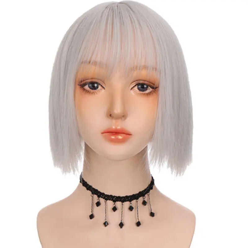 Women Short Straight Bob  With Bangs Hair Synthetic Wigs Daily Wear Cos Wigs