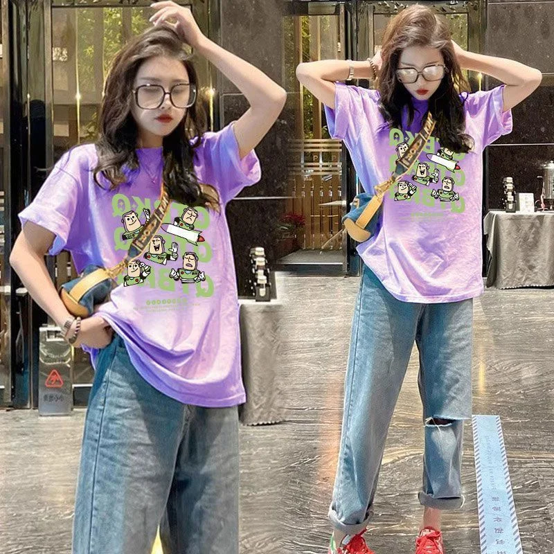 

plus Size 300 Pounds Fat MM Cartoon Print Anti-Aging Short Sleeve round Neck Top Summer Loose Fashionable Women's T-Shirt