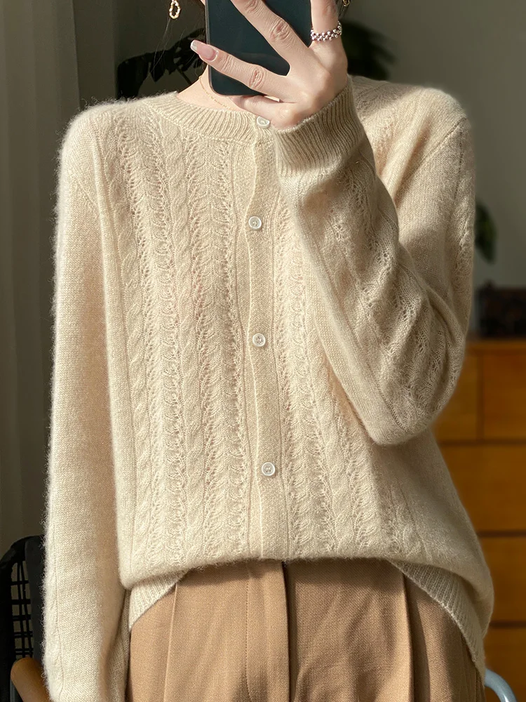 100% pure cotton cardigan spring women\'s new O-neck hollow loose and slimming cashmere sweater knitted thin