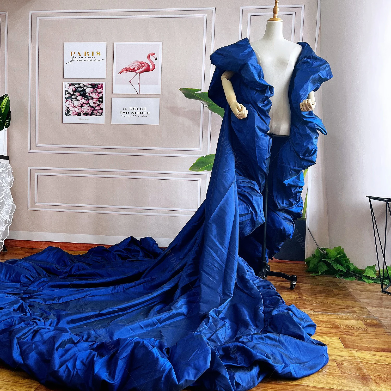 Navy Blue Taffeta Long Jacket Wrap With Ruffles Edge Fashion Cape Chic  DJ225