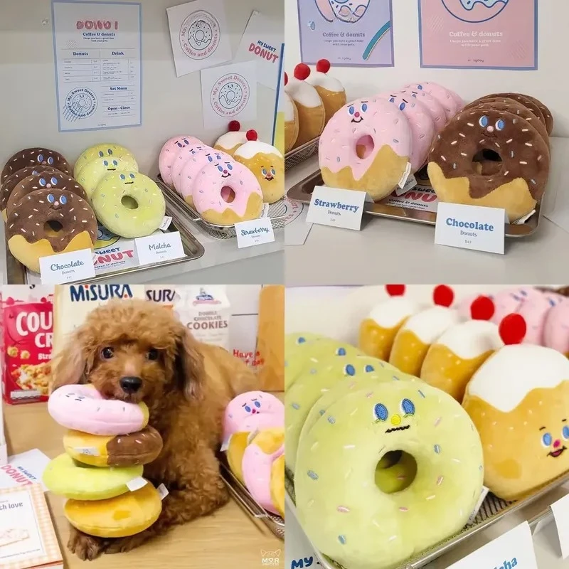 Plush Dog Chew Toy Bagel Shape with Squeaker Hide Treats Interactive Pet Sound Toy for Small Medium Dogs