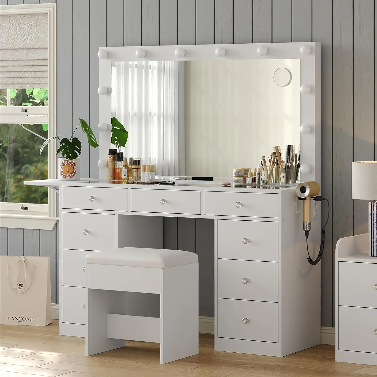 Vanity Desk with Power Outlet, 9 Drawers Makeup Vanity with Mirror and 12 LED Lights, 3 Lighting Modes, Glass Top Vanity Set image 2