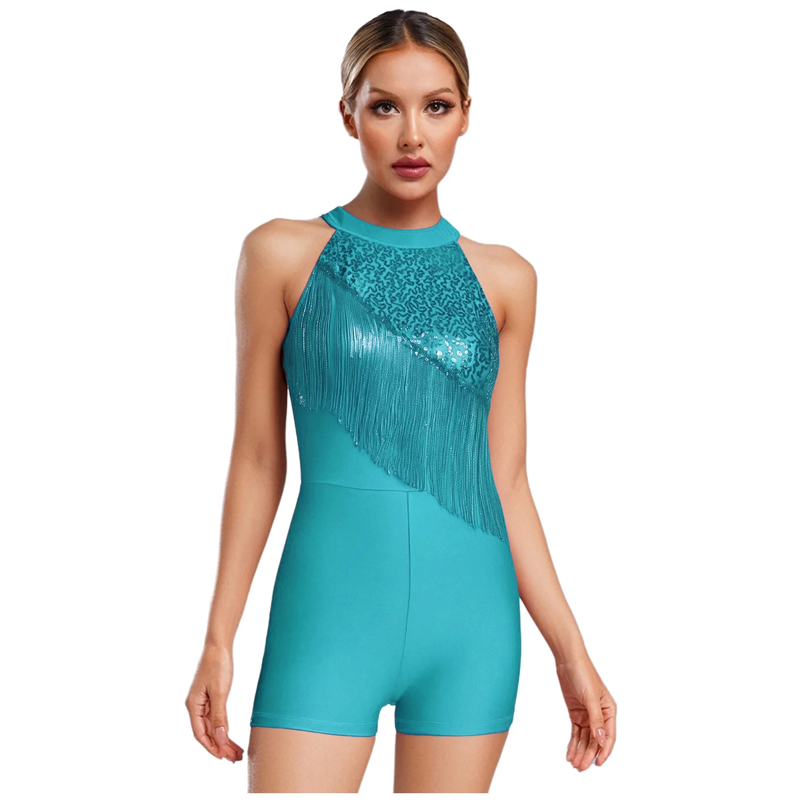 Womens Latin Dance Leotard Bodysuit Spanish Dance Costume Sequin Tassel Rompers Sleeveless Fringe Jumpsuit Performance Dancewear