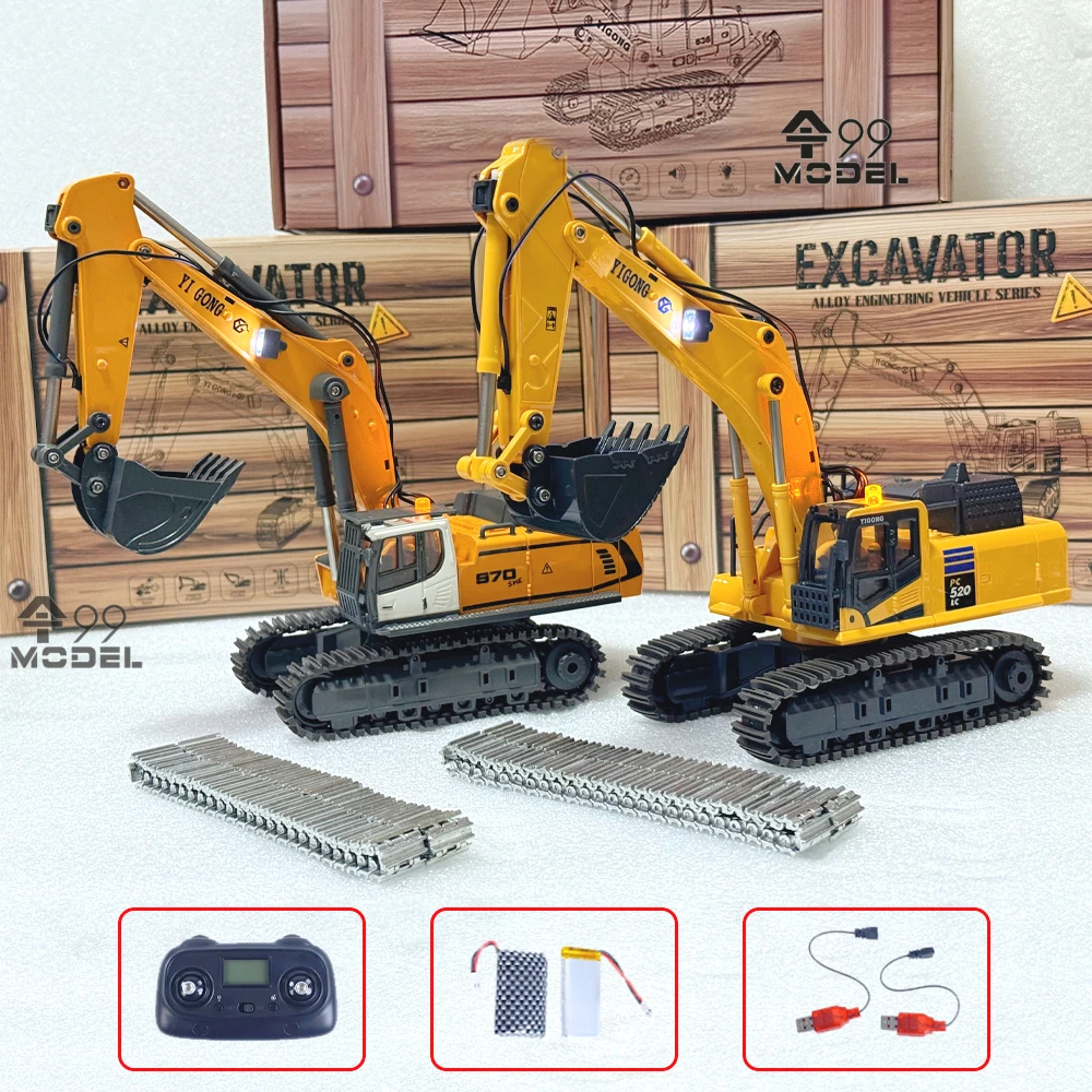 Mini RC Excavator 1/50 970 520 Excavator 636 Loader with Metal Tracks Light and Sound System Electric Remote Control Toy Gift