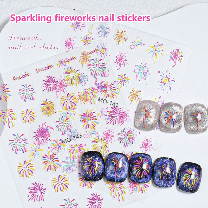 Nieuwjaar Kleurrijk Vuurwerk Nail Art Stickers Romantische Sterrenhemel Helder Vuurwerk Lijm 3D Relief Nail Slider Sieraden