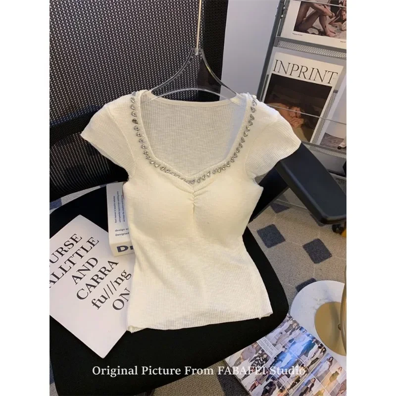 

Women Summer Sexy Diamonds Square Collar Solid Color Short Sleeve Knitwear Ladies Fashion Office Lady All-match Casual Tops