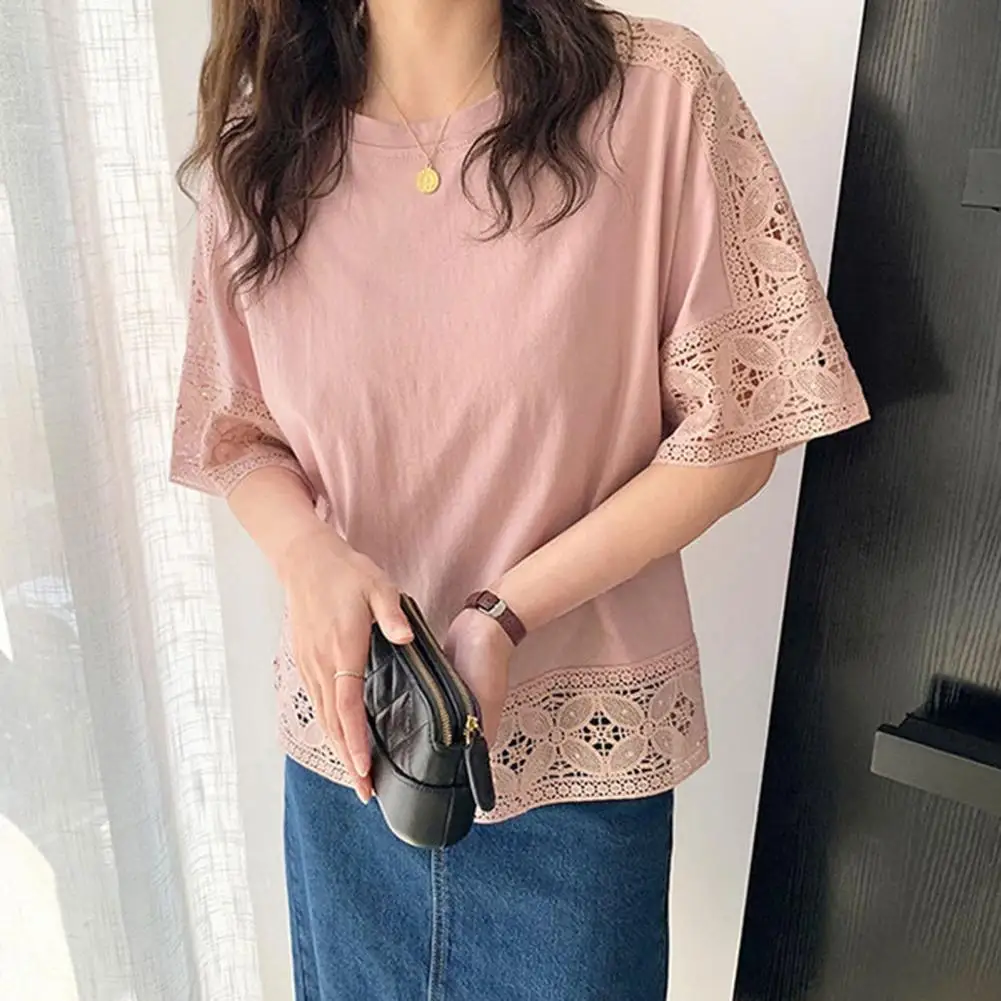 Women Casual T-shirt Round Neck Hollow Lace Stitching Half Sleeve Pullover Tops Solid Color Loose Fit Summer Tops