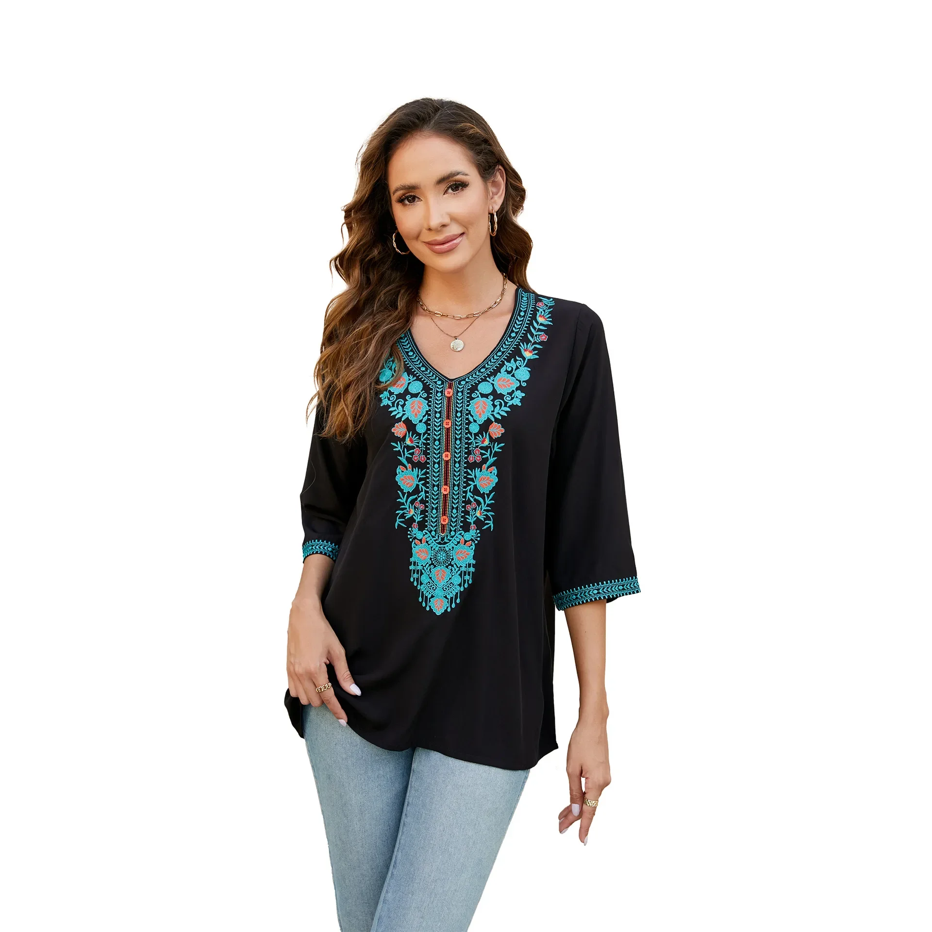 Summer Women's Embroidered Top Mexican Style Shirt 3/4 Sleeve Traditional Bohemian Clothing Womens Tops  Shirt  Blouse Women