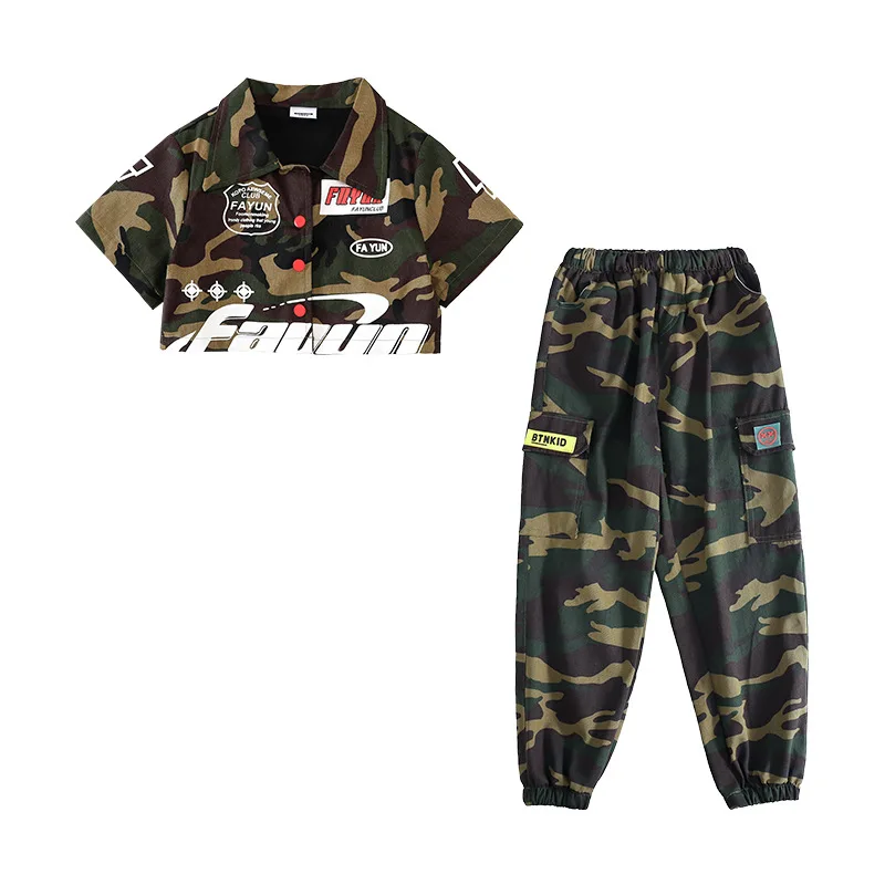 Hip Hop Girls Crop Short Sleeved Jacket Street Dance Camouflage Pants Child Military Streetwear Joggers Kids Jazz Clothes Sets