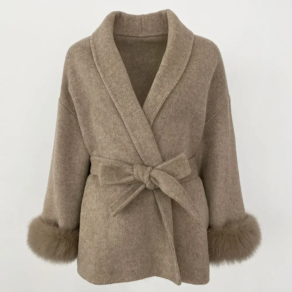 Nueva moda mujer Oficina señora desmontable Natural de gran tamaño piel de zorro puños chaqueta Otoño Invierno Real Natural suelto abrigo de lana caliente
