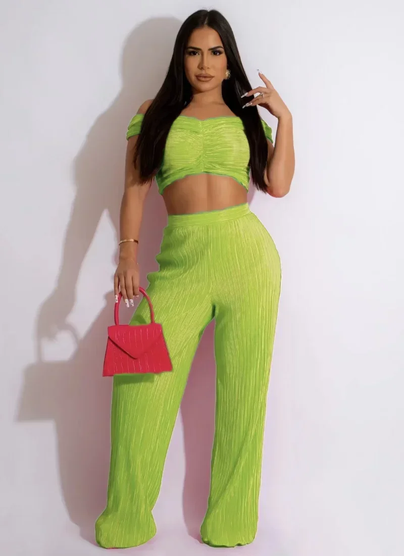 

KEXU Streetwear Women's Set Pleated Ruched Sexy Strapless Crop Top and Straight Pants Suit Summer Two 2 Piece Set Outfit