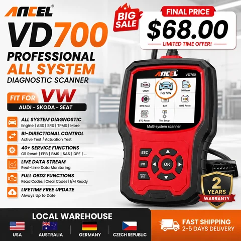 Professional OBD2 Scanner for VW for Audi for Seat for Skoda Oil EPB SAS TPMS Reset ANCEL VD700 Full System Code Reader