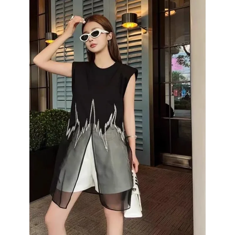 

Женское черно-серое прозрачное многослойное вечернее платье без рукавов со стразами и кисточками