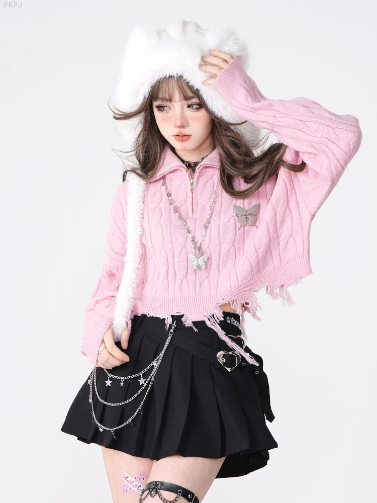 Warm Knitted Kawaii Lolita Sweaters Women Polo Collar Pink Japanese Casual Pullovers Female Long Sleeve Elegant Pullovers Blouse