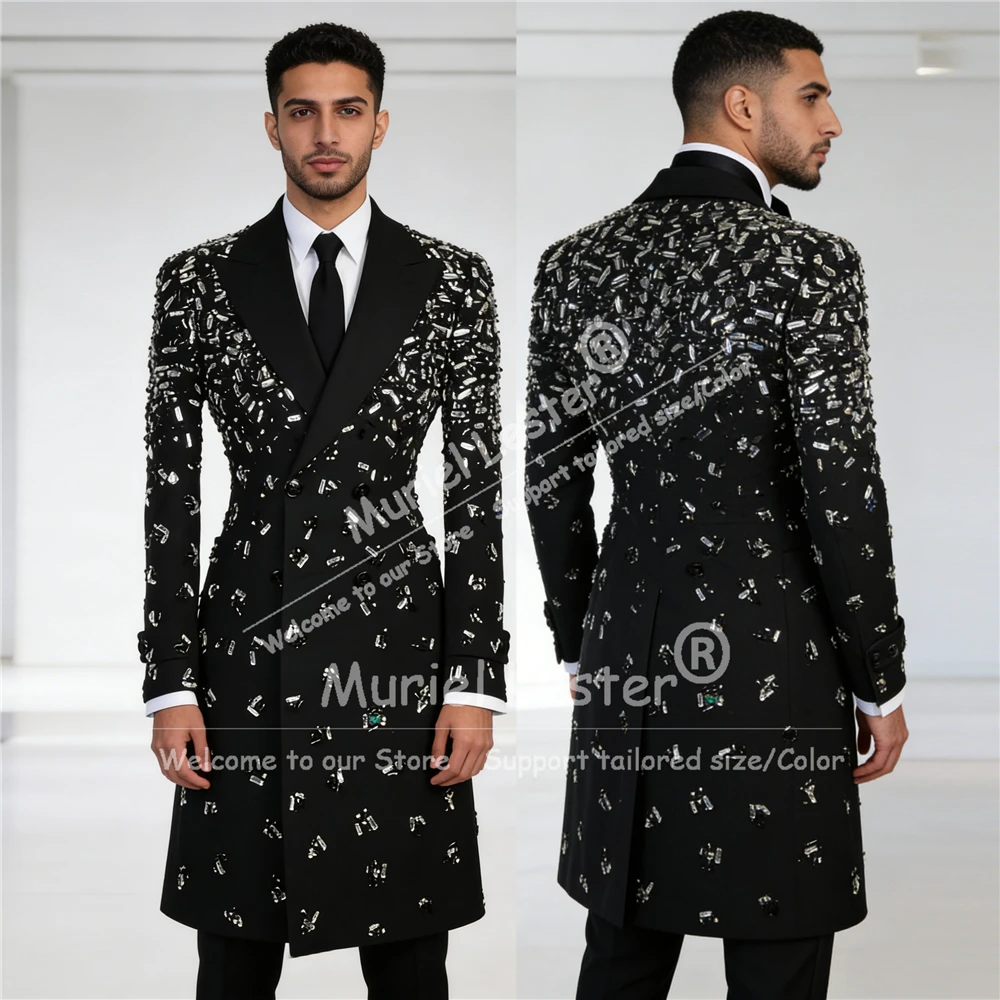 

Luxury Rhinestone Beaded Suit Attire Men For Wedding Double Breasted Groom Blazers Long With Trousers 2 Piece Set Banquet Tuxedo