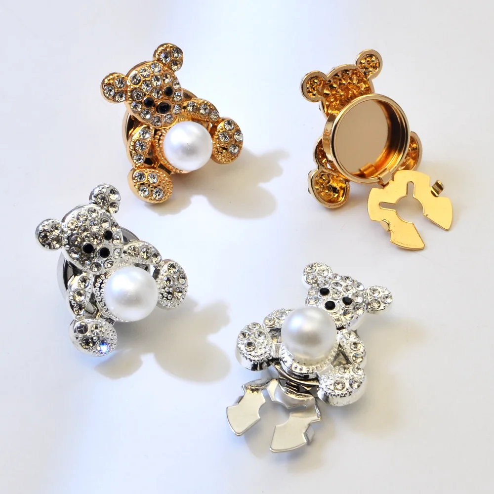 Cute and Playful Teddy Bear Shaped Pin Full Diamond Pearl Bear Cufflink Pearl Decorative Cufflinks Accessories