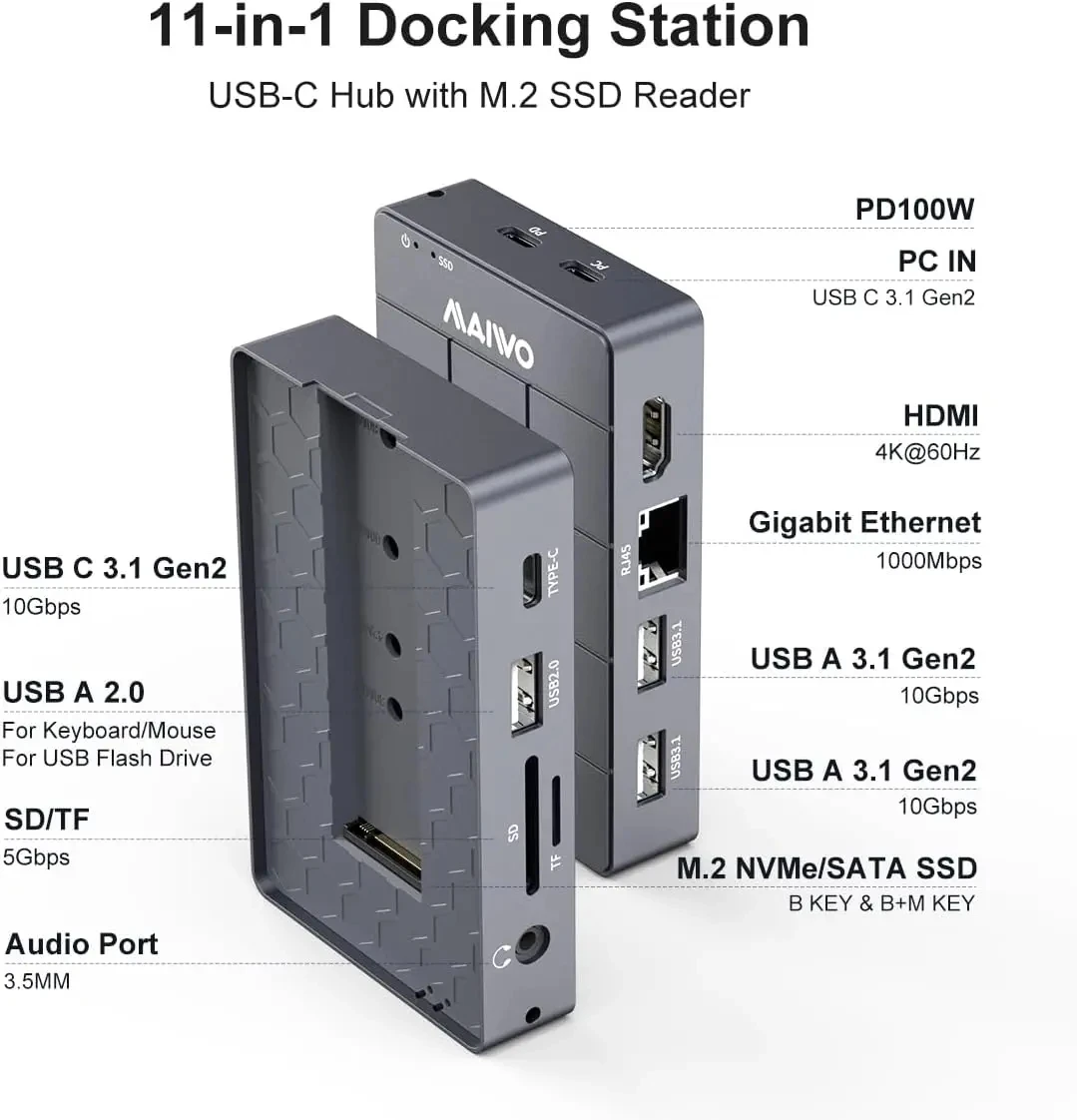 MAIWO M.2 NVME SATA SSD Enclosure 11-in-1 Docking Station 10Gbps USB-C HUB PD100W 4K@60Hz 1000Mbps Ethernet SD/TF Card Slot HUB