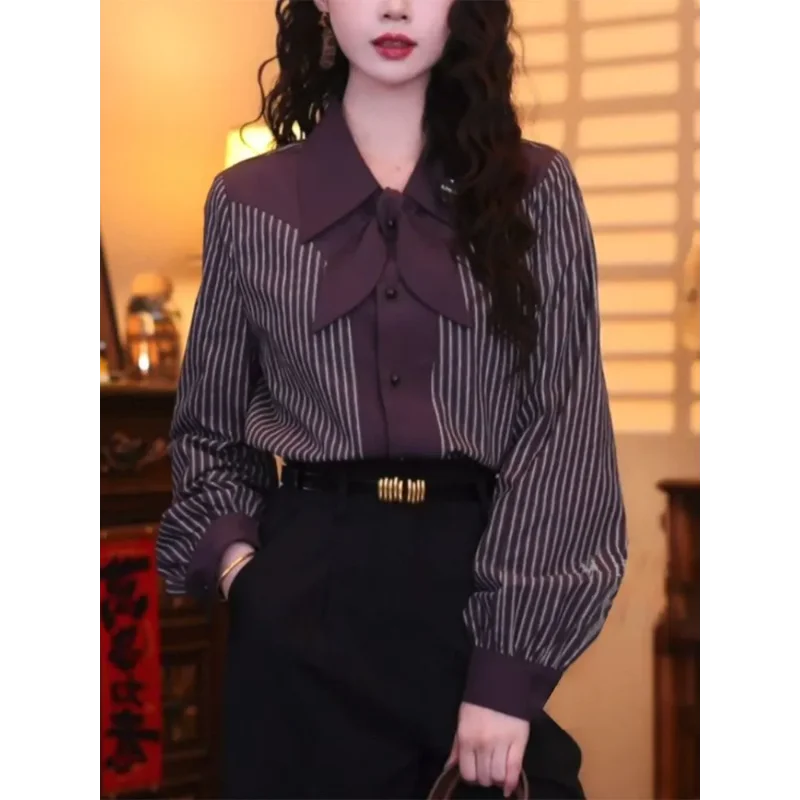

Женская полосатая рубашка с длинными рукавами в стиле ретро, высококачественный повседневный топ в западном стиле, уменьшающий возраст
