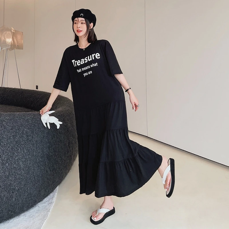 Oversized Black T-Shirt Long Skirt Midi Dress Summer Plus Size Splice Short Sleeve Female Loose  Robe Casual Vestidos Clothing
