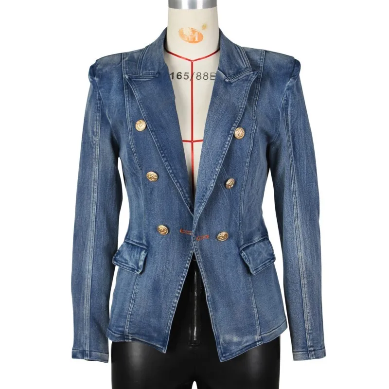 

Autumn 2025 Women's Fitted Double-Breasted Lion Button Denim Blazer Vintage Distressed Moto Jacket Basic Denim Coats Tops