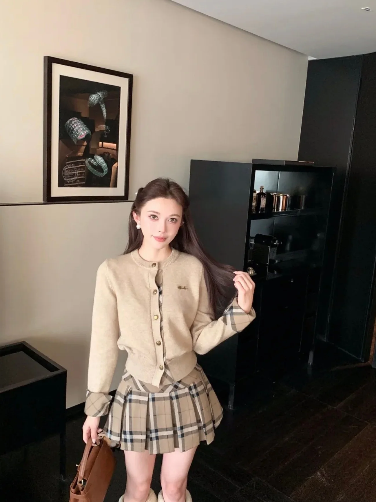 

Корейская плиссированная юбка в клетку цвета хаки Seoul Korean College Sle, с высокой талией, утягивающая, для женщин, модная