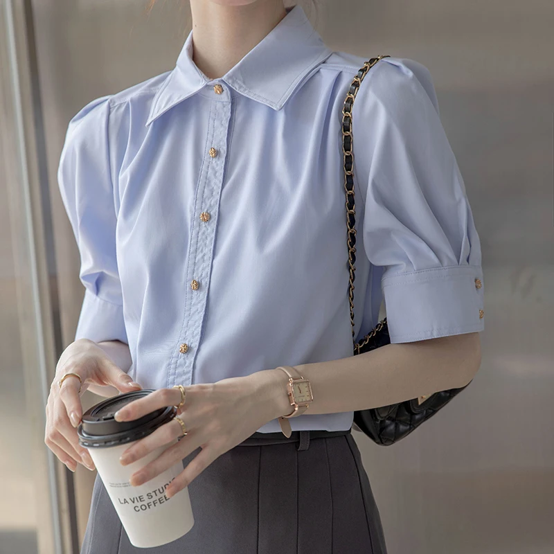 Women Office Blouse Slim-Fit Non-Iron Polyester Work Shirt Short Sleeve Summer Single-Breasted Proffesional Top White Pink Shirt