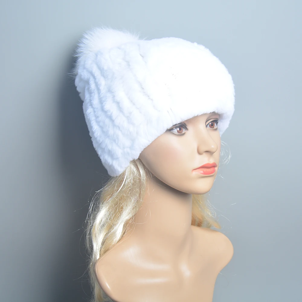 New Winter Natural Real Rex Rabbit Fur Hat Women Elasitc Warm Hand Knitted Real Rex Rabbit Fur Caps Fox Fur Pompoms Beanies Cap