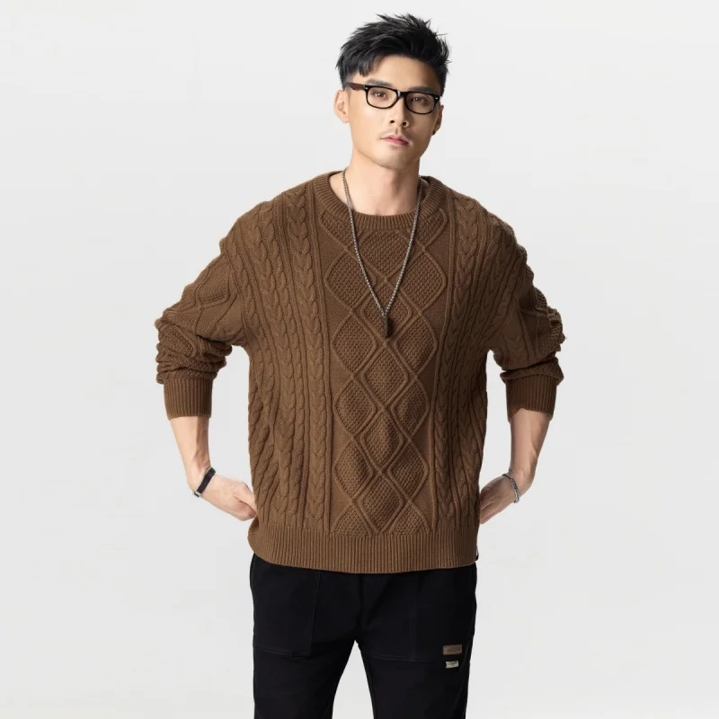 

American retro knit sweater men loose round neck men twisted casual tops lazy wind versatile Large size sweater