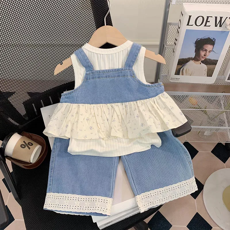 2025 Summer New girls Clothing Sets Splicing Strap Cowboy Tank Top+Vest Bottom Shirt+Pants 3-Piece Cute Kids Sets