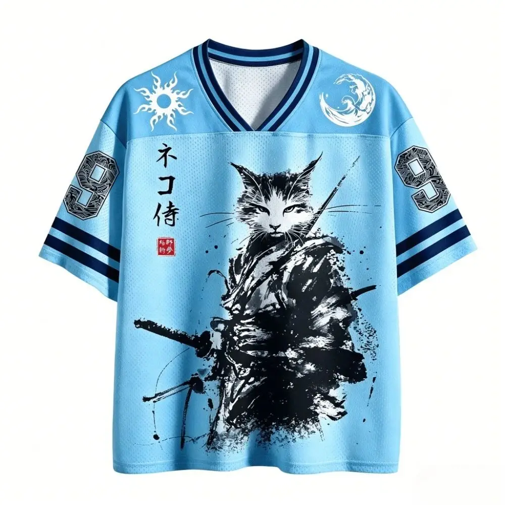 Latest 3D-printed Japanese Samurai Cat Pattern Quick-drying Men's and Women's Universal V-neck T-shirt for Casual Wear