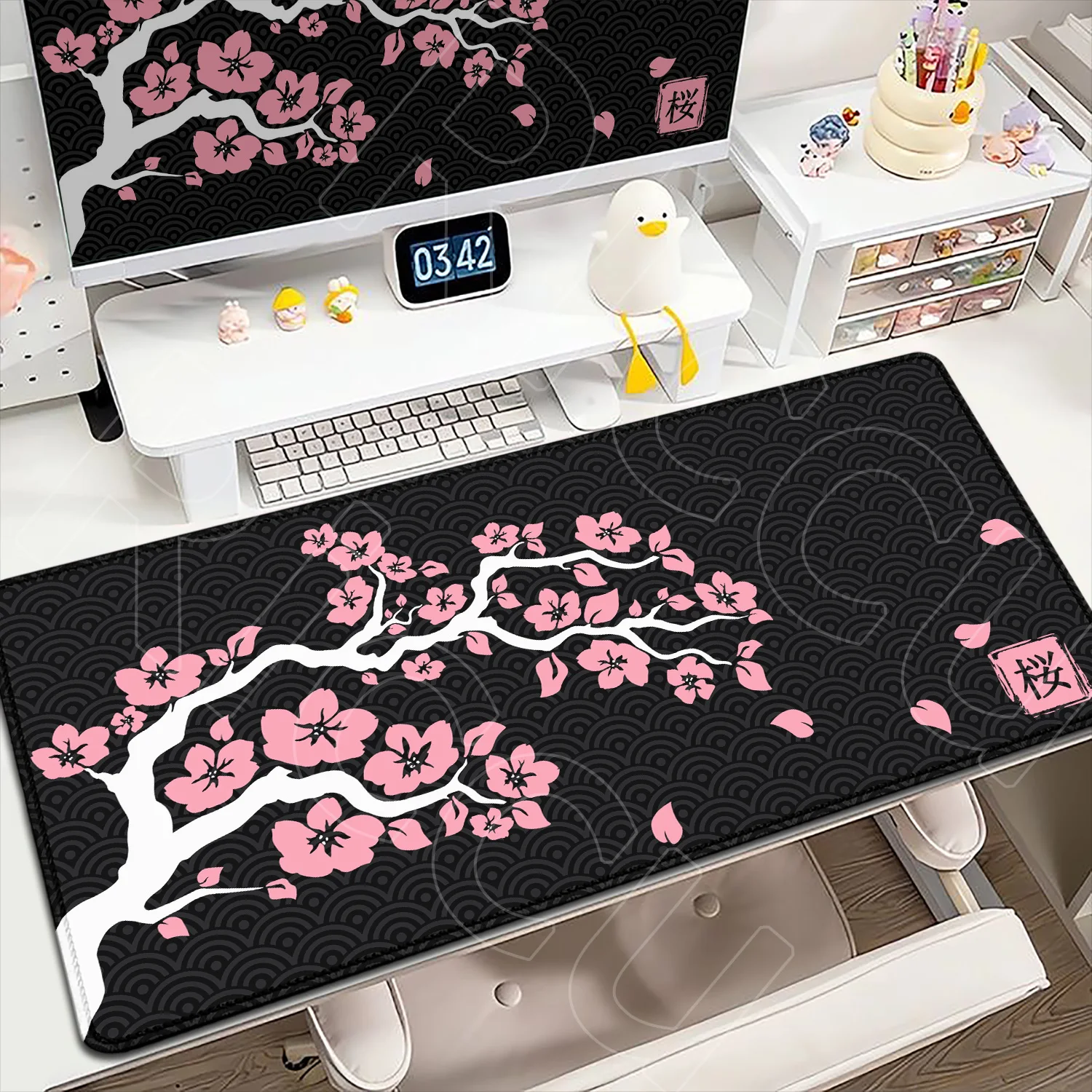 

Pink And Black New Cherry Blossom Lock Edge Natural Rubber Mousepad Large Gamer Desk Pad Sakura Art Design Keyboard Mat Washable